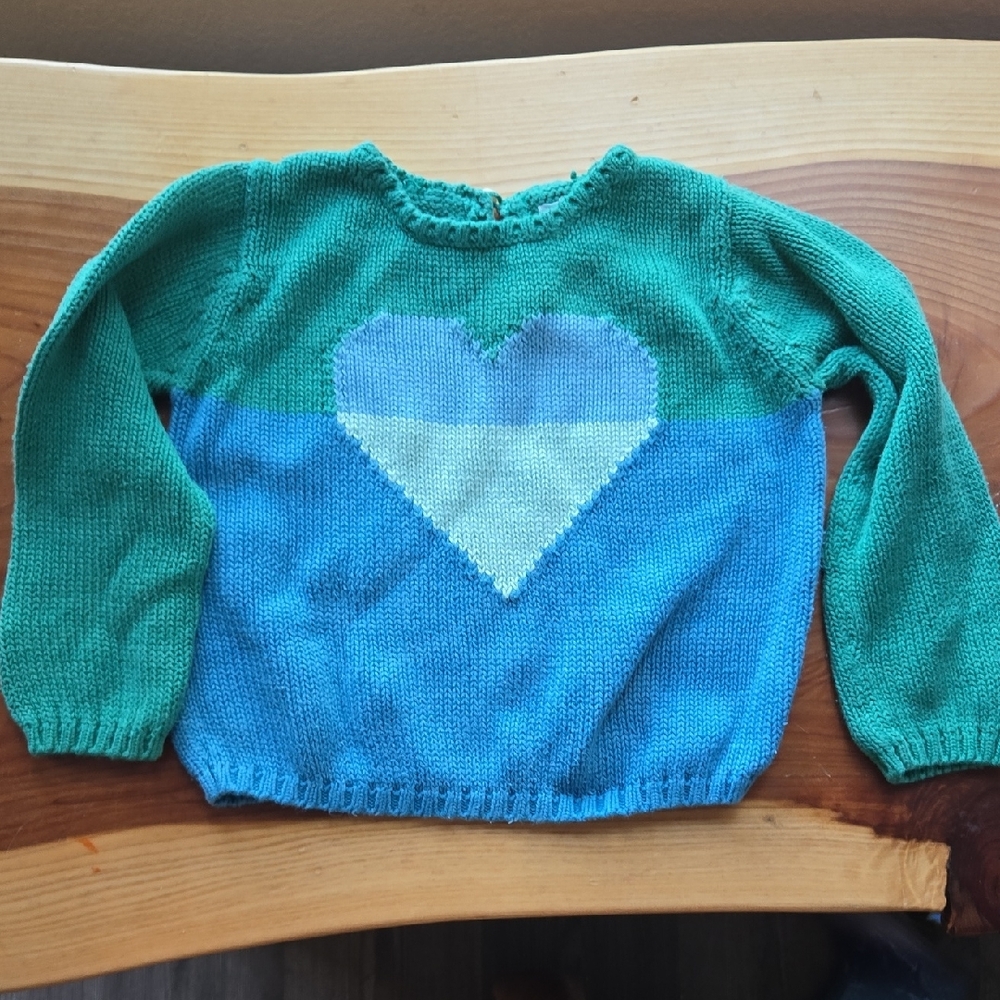GAP Green and Blue Crew Neck Sweater with Heart Design
